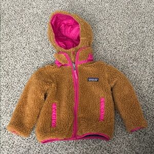 Patagonia Tan and Pink Hooded Fleece Jacket